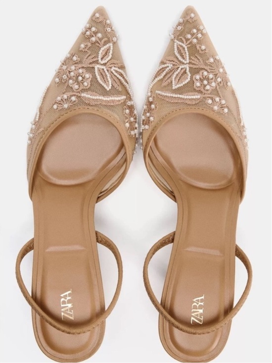 Zara Shoes - Zara Nude Embroidered Mesh Slingback Kitten Heels